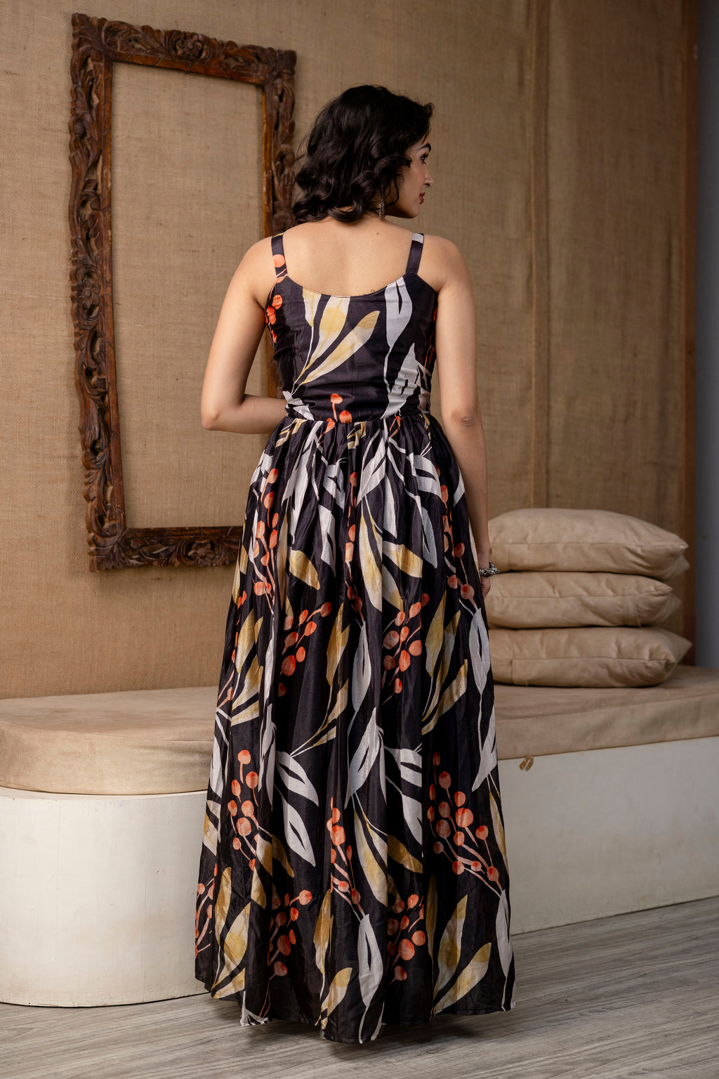 Printed Chinon Round Neck Gown