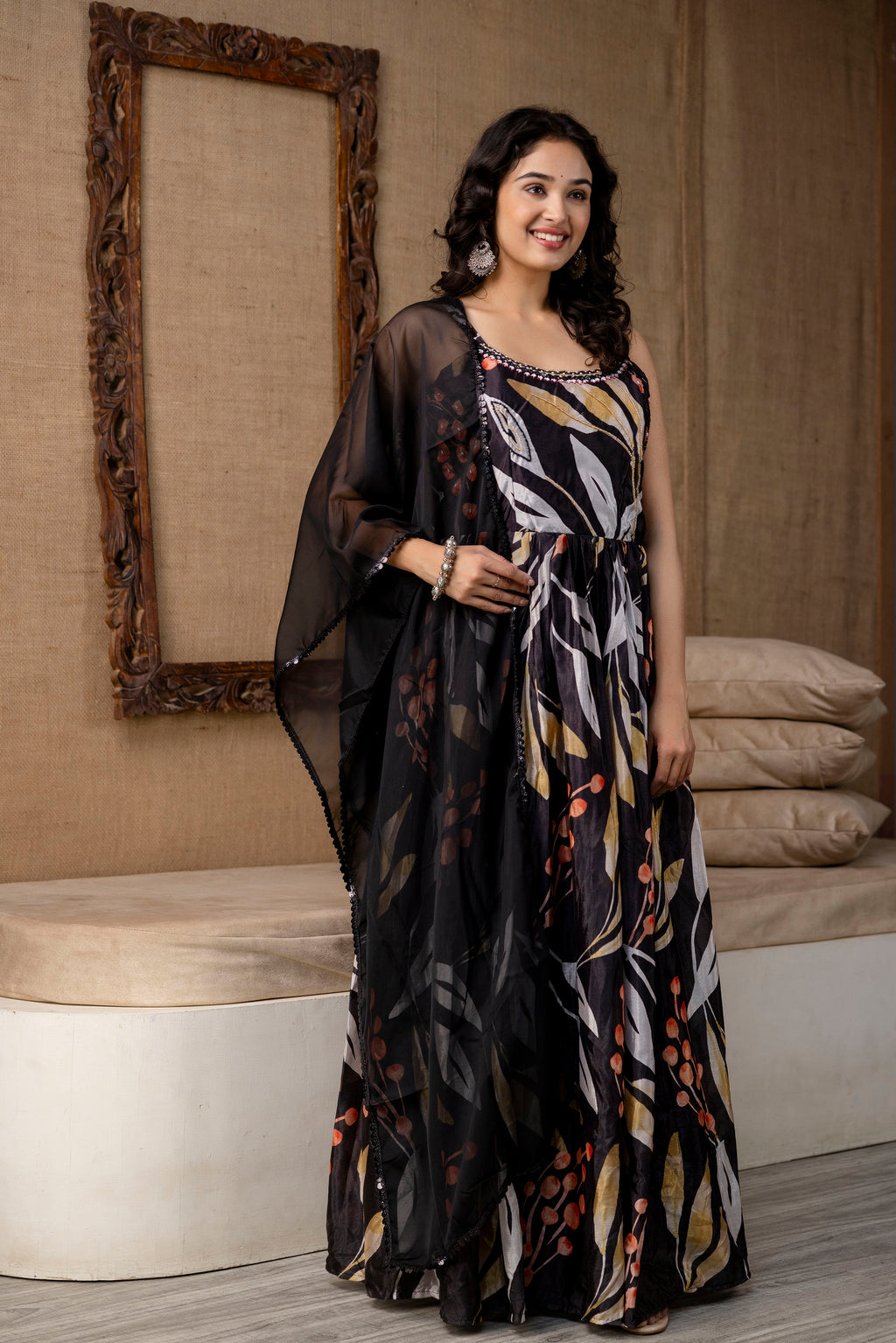 Printed Chinon Round Neck Gown