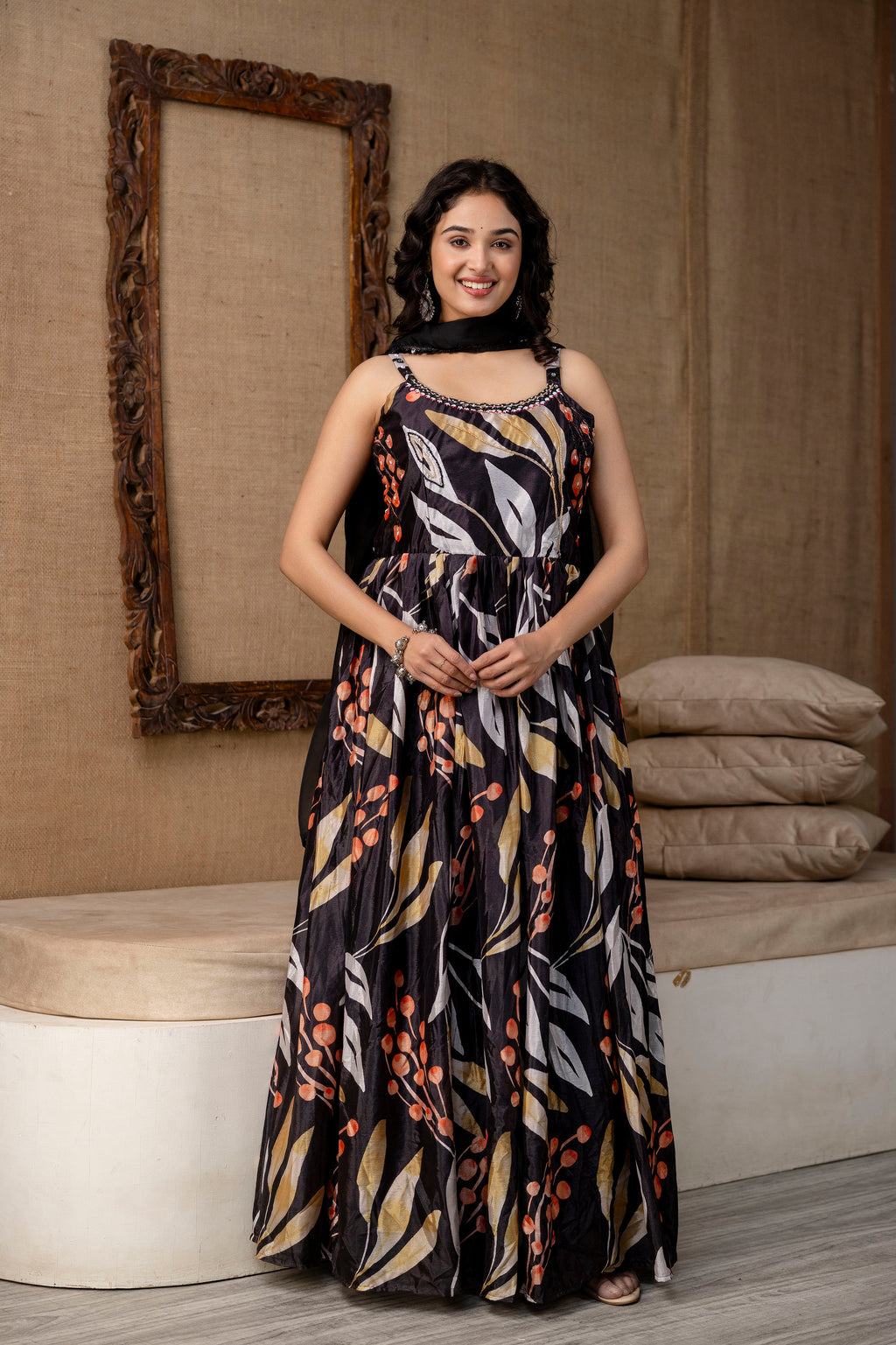Printed Chinon Round Neck Gown