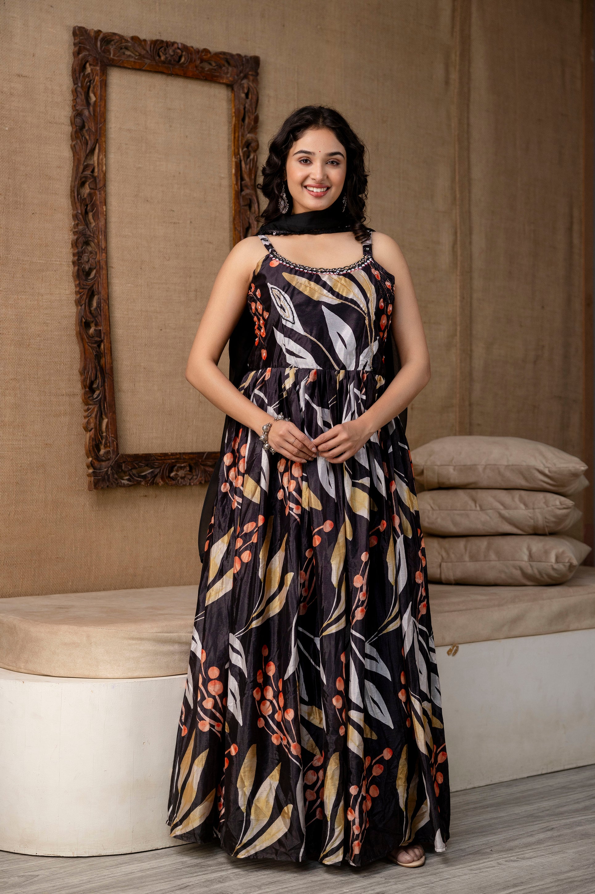 Printed Chinon Round Neck Gown