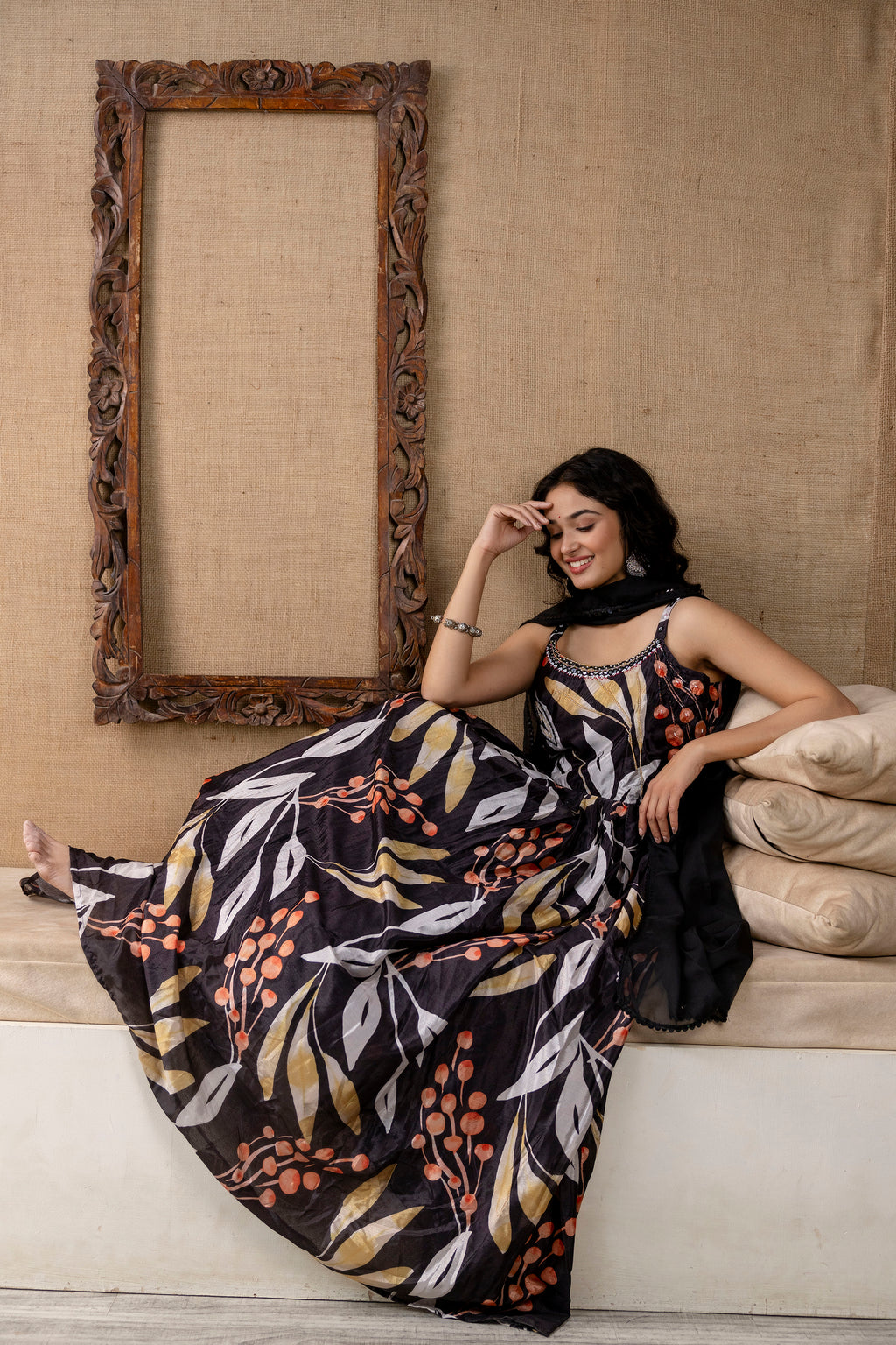 Printed Chinon Round Neck Gown