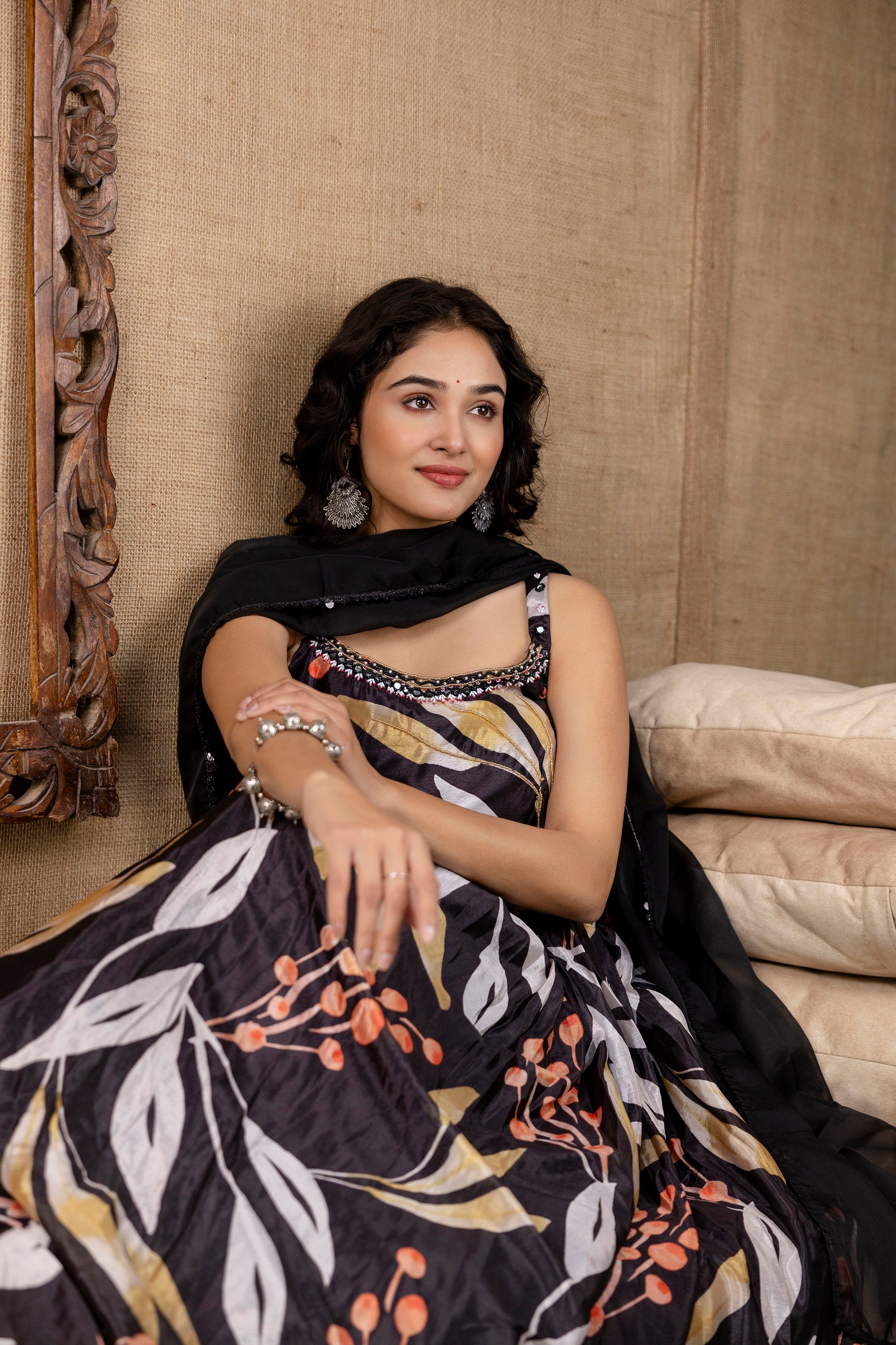 Printed Chinon Round Neck Gown