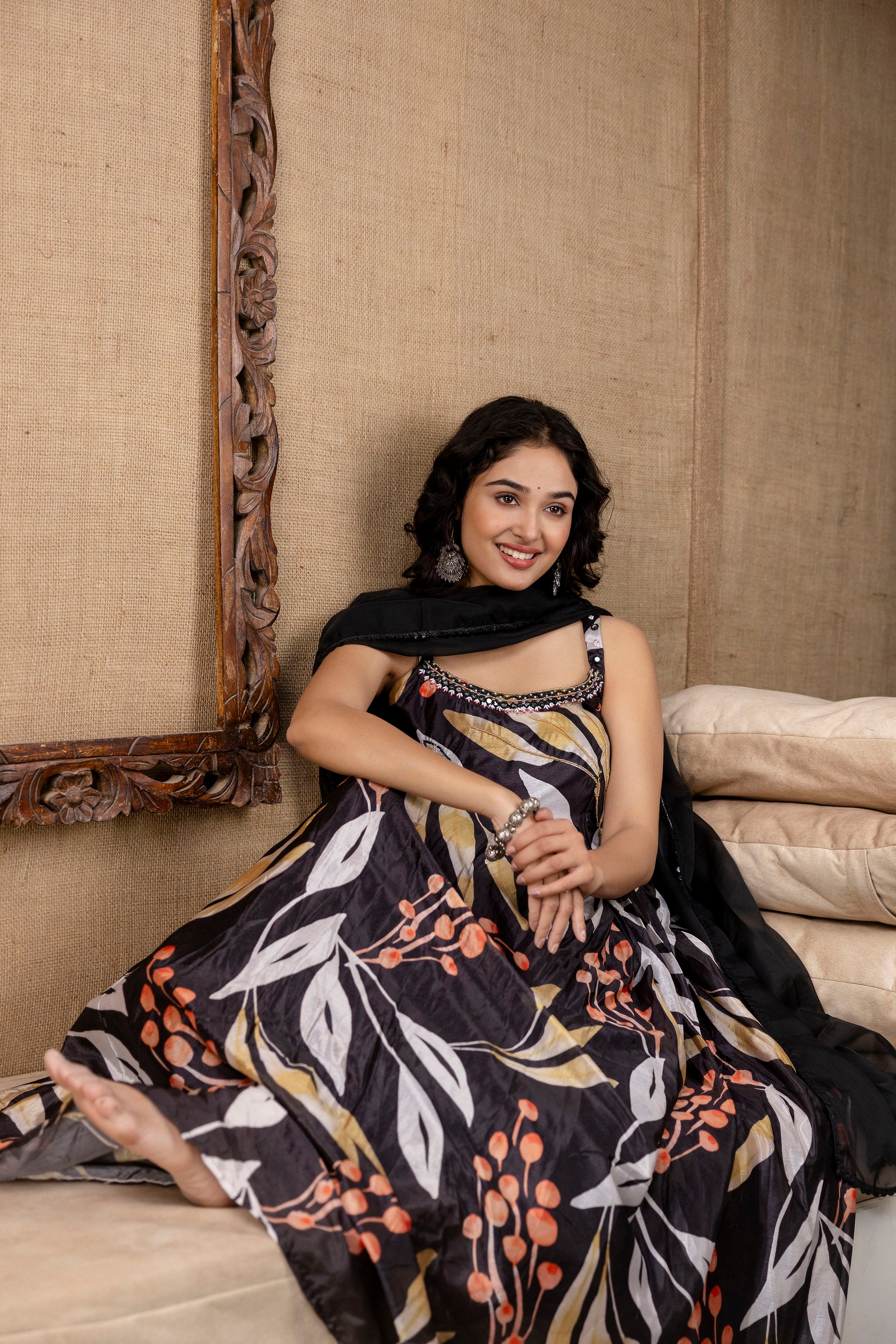 Printed Chinon Round Neck Gown