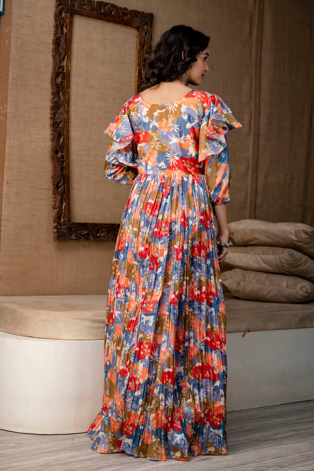 Multicolour Chinon Festive Gown with Belt