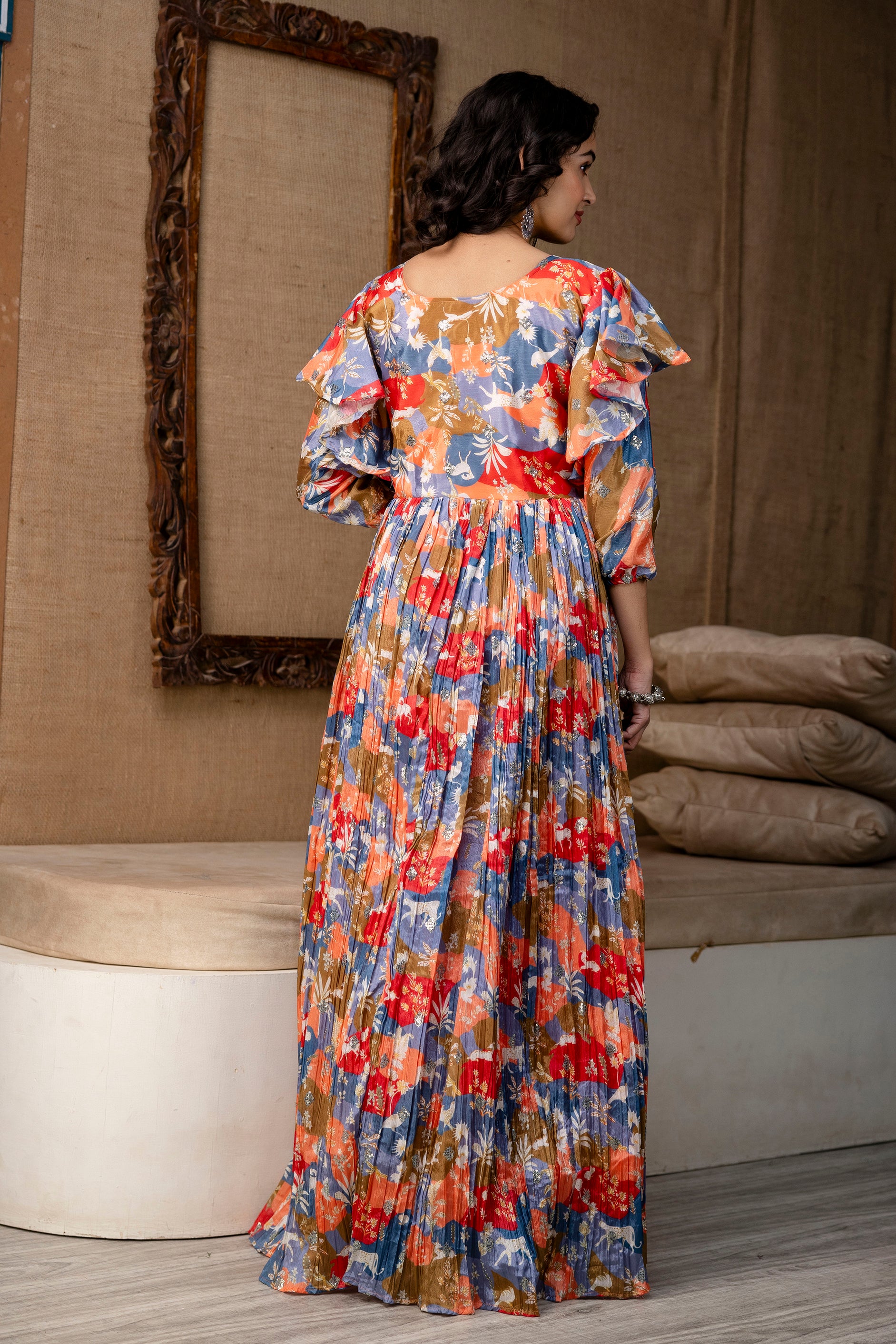 Multicolour Chinon Festive Gown with Belt