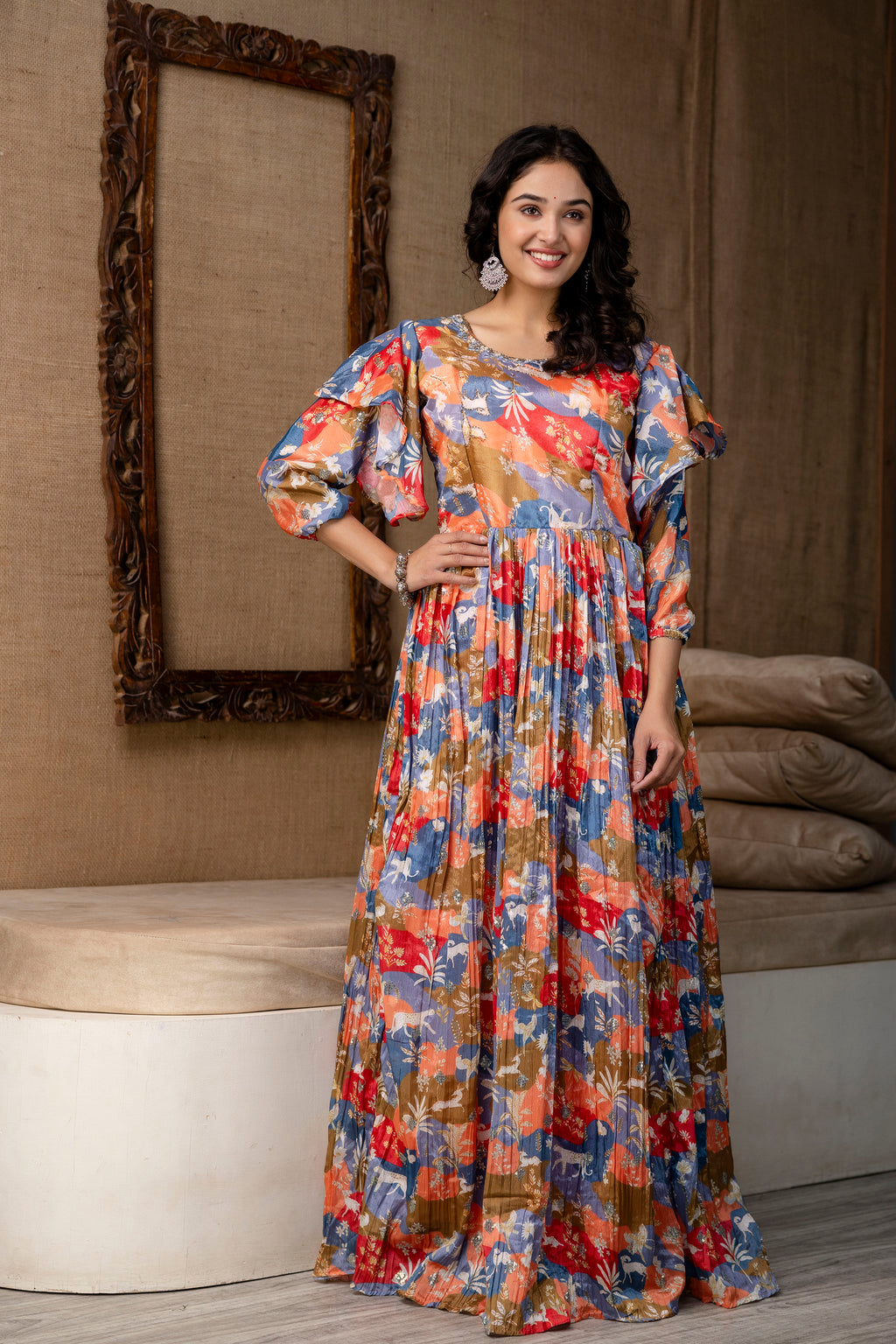 Multicolour Chinon Festive Gown with Belt