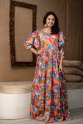 Multicolour Chinon Festive Gown with Belt