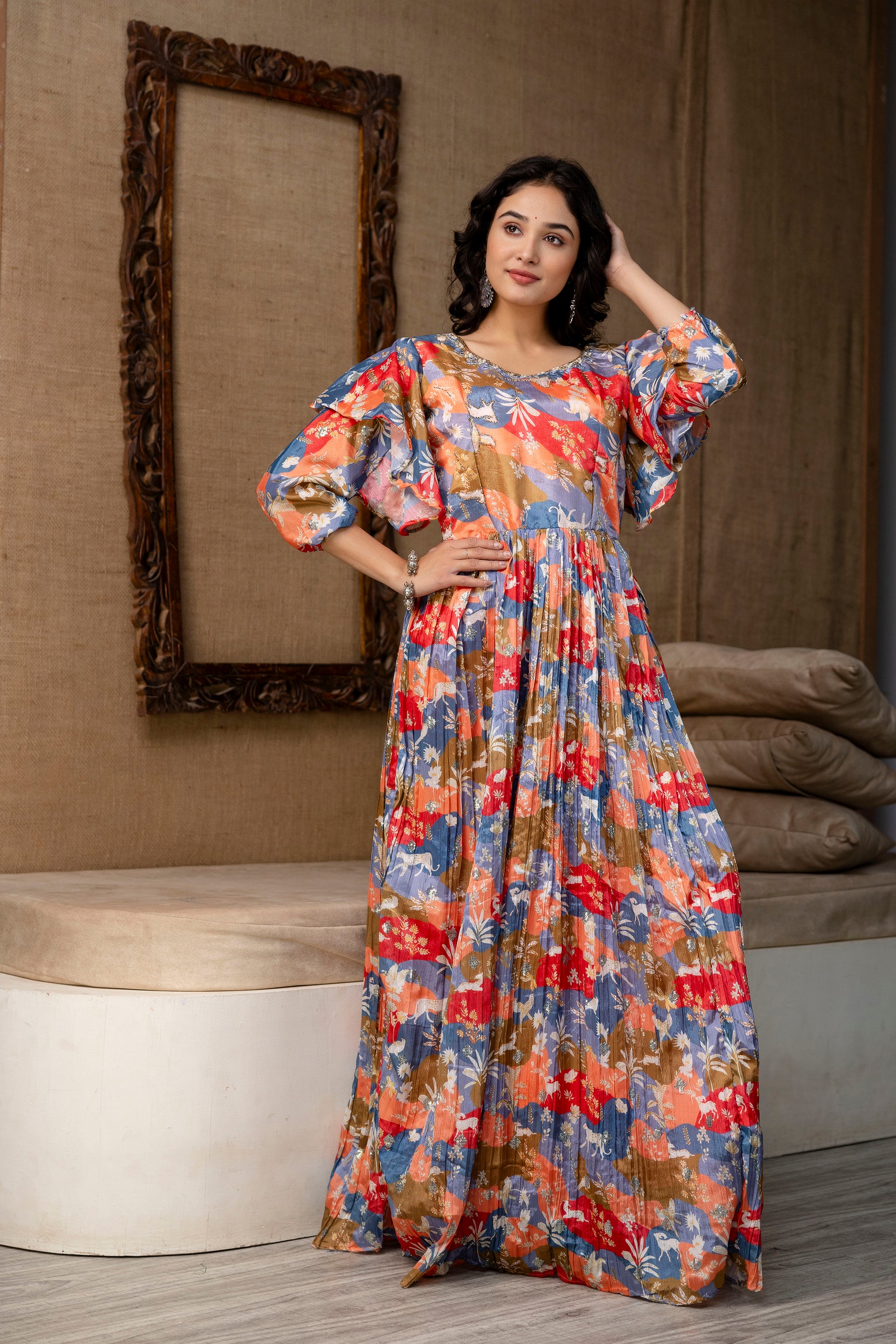 Multicolour Chinon Festive Gown with Belt