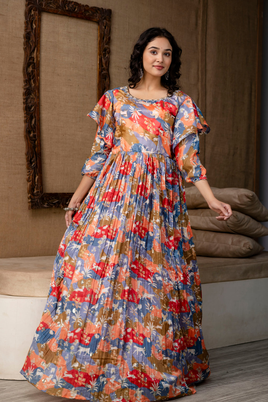 Multicolour Chinon Festive Gown with Belt