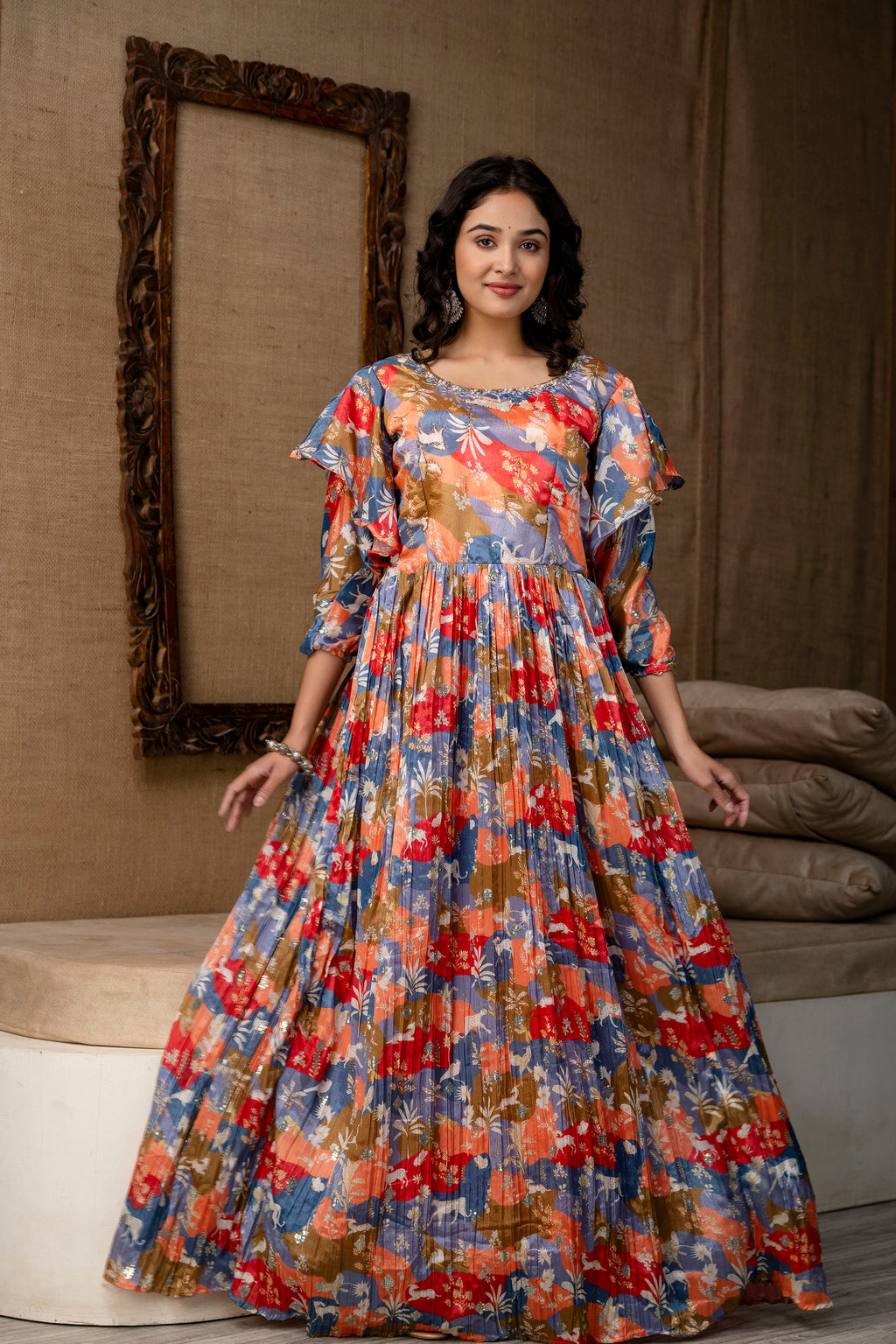 Multicolour Chinon Festive Gown with Belt