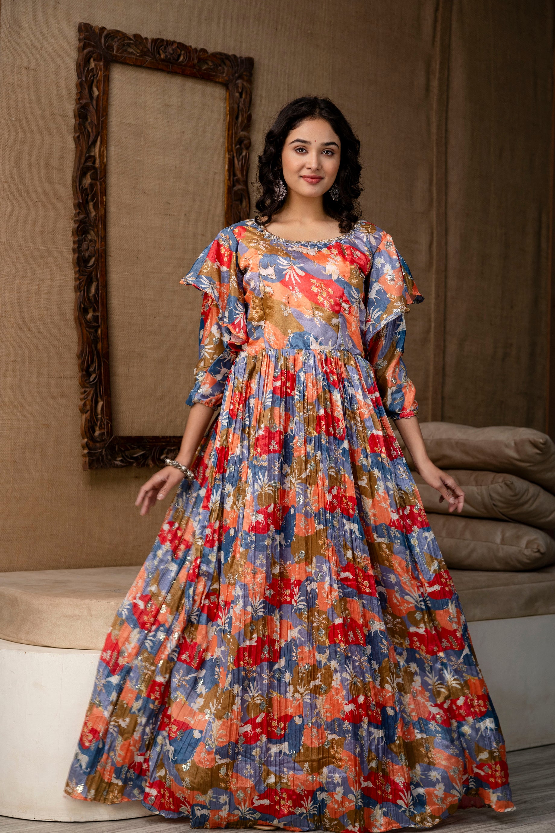 Multicolour Chinon Festive Gown with Belt