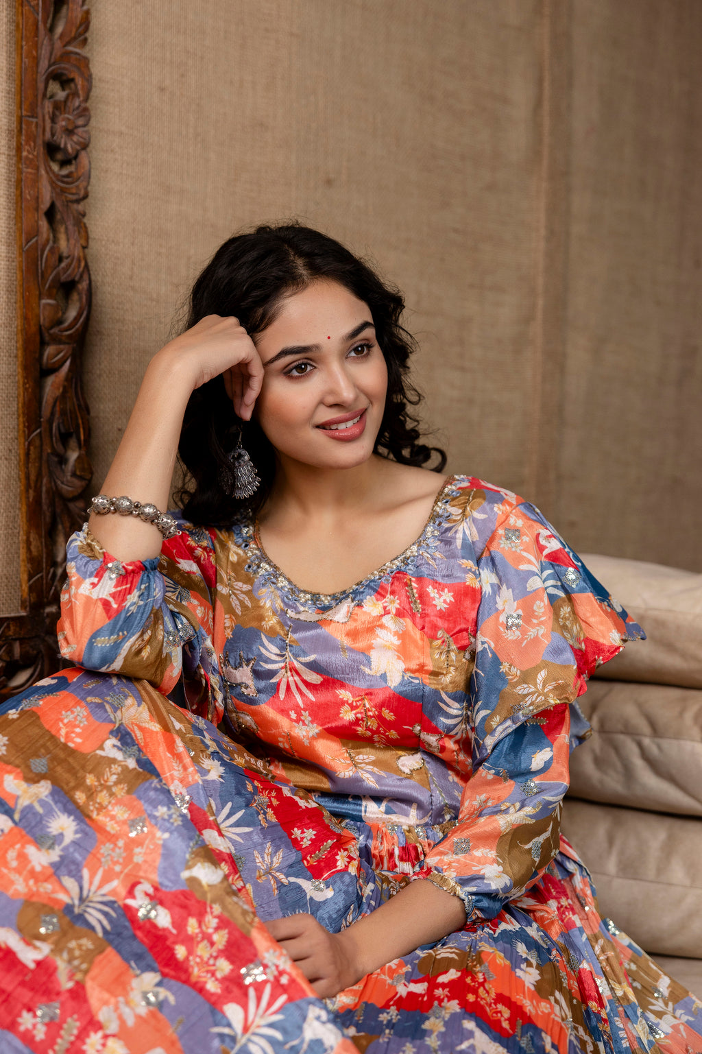 Multicolour Chinon Festive Gown with Belt