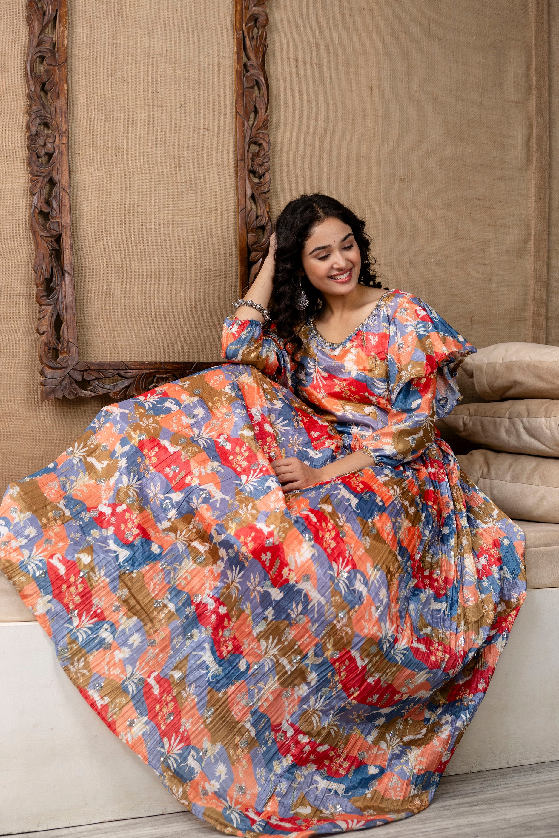 Multicolour Chinon Festive Gown with Belt