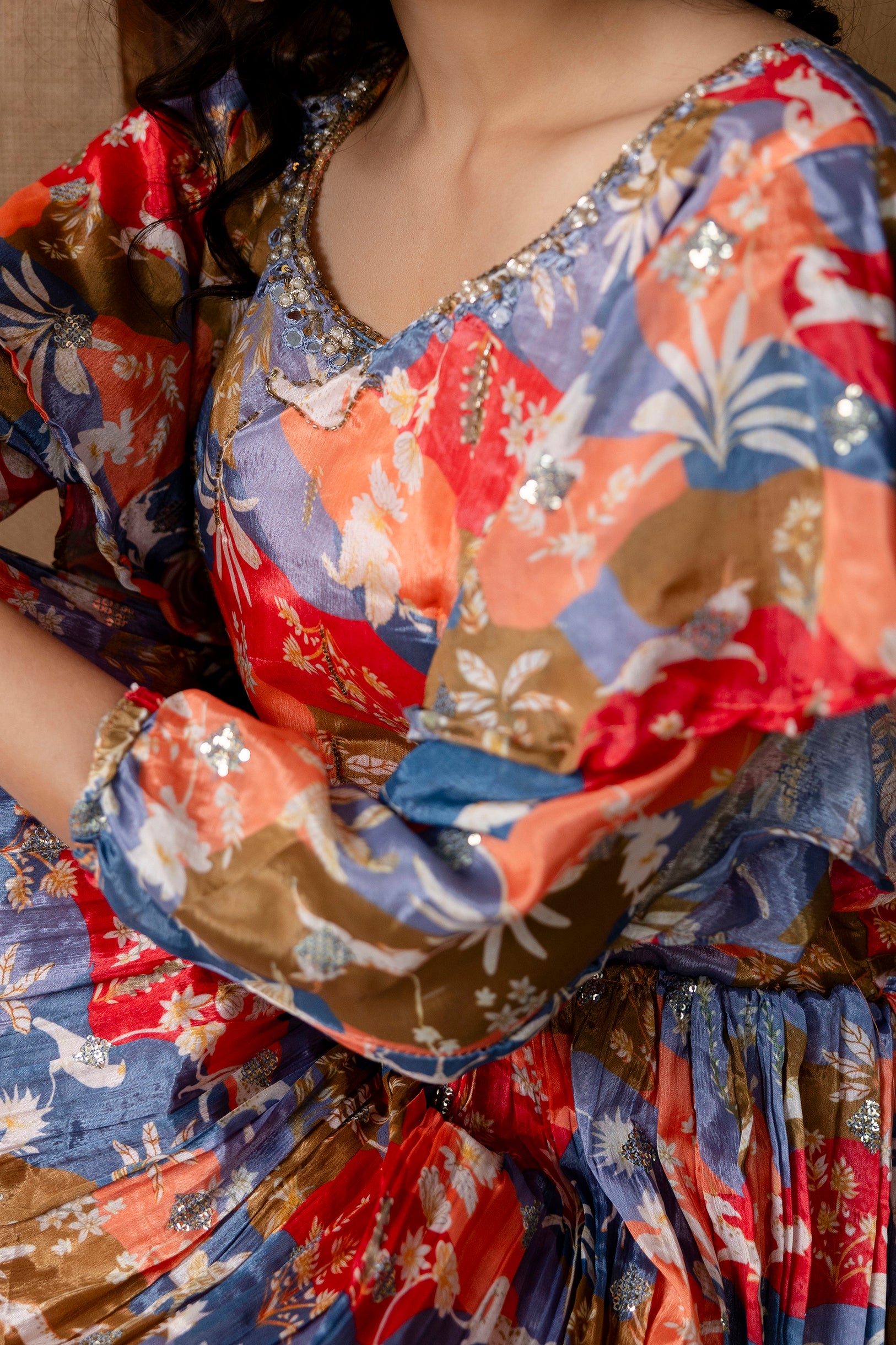 Multicolour Chinon Festive Gown with Belt