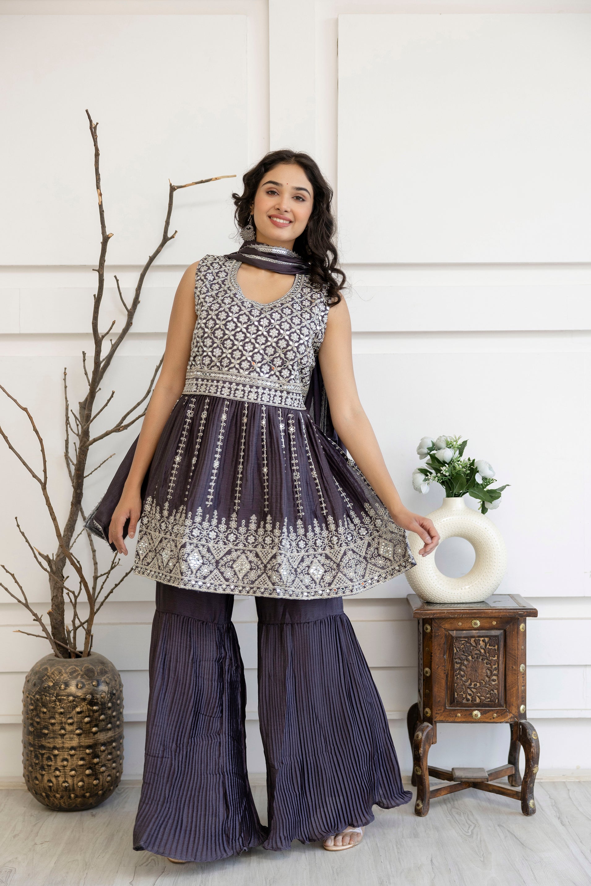 Kadhai Dori Mirror Kurti Sharara Set