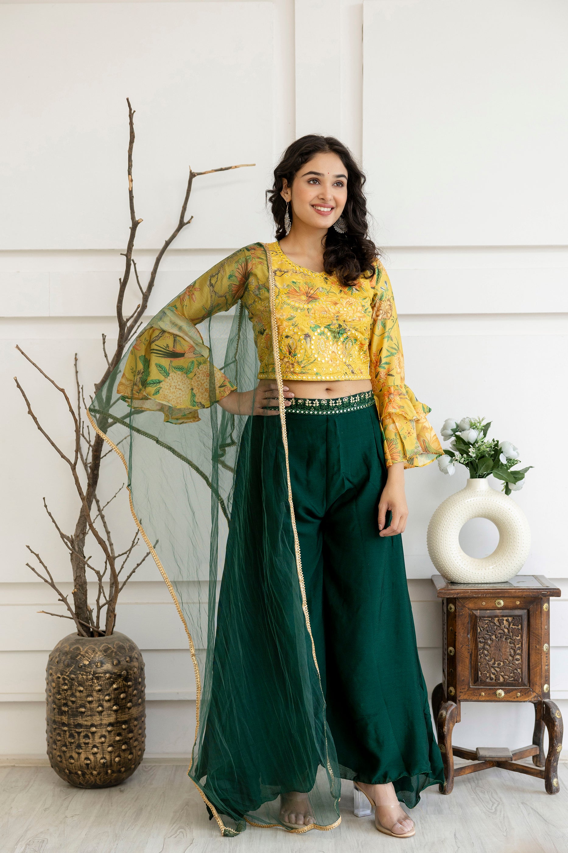 Embroidered Palazzo Set with Net Dupatta