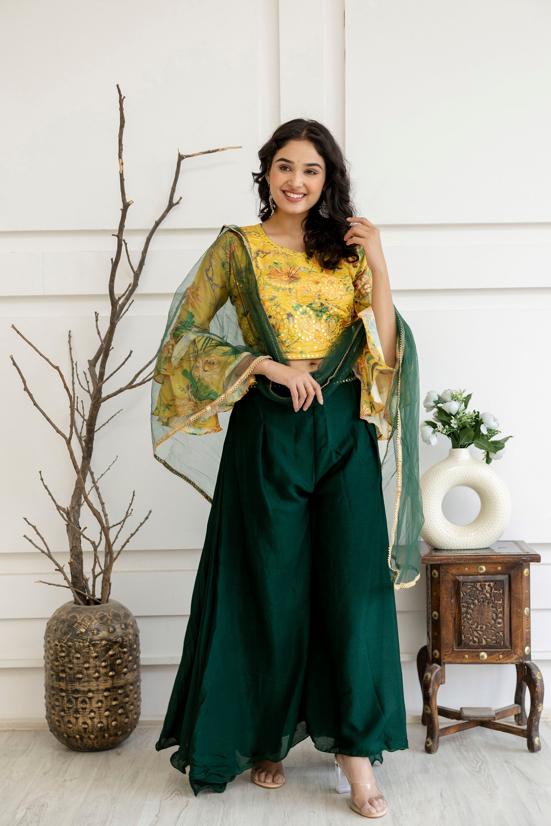Embroidered Palazzo Set with Net Dupatta