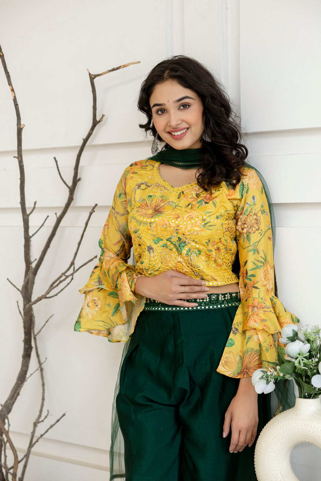 Embroidered Palazzo Set with Net Dupatta