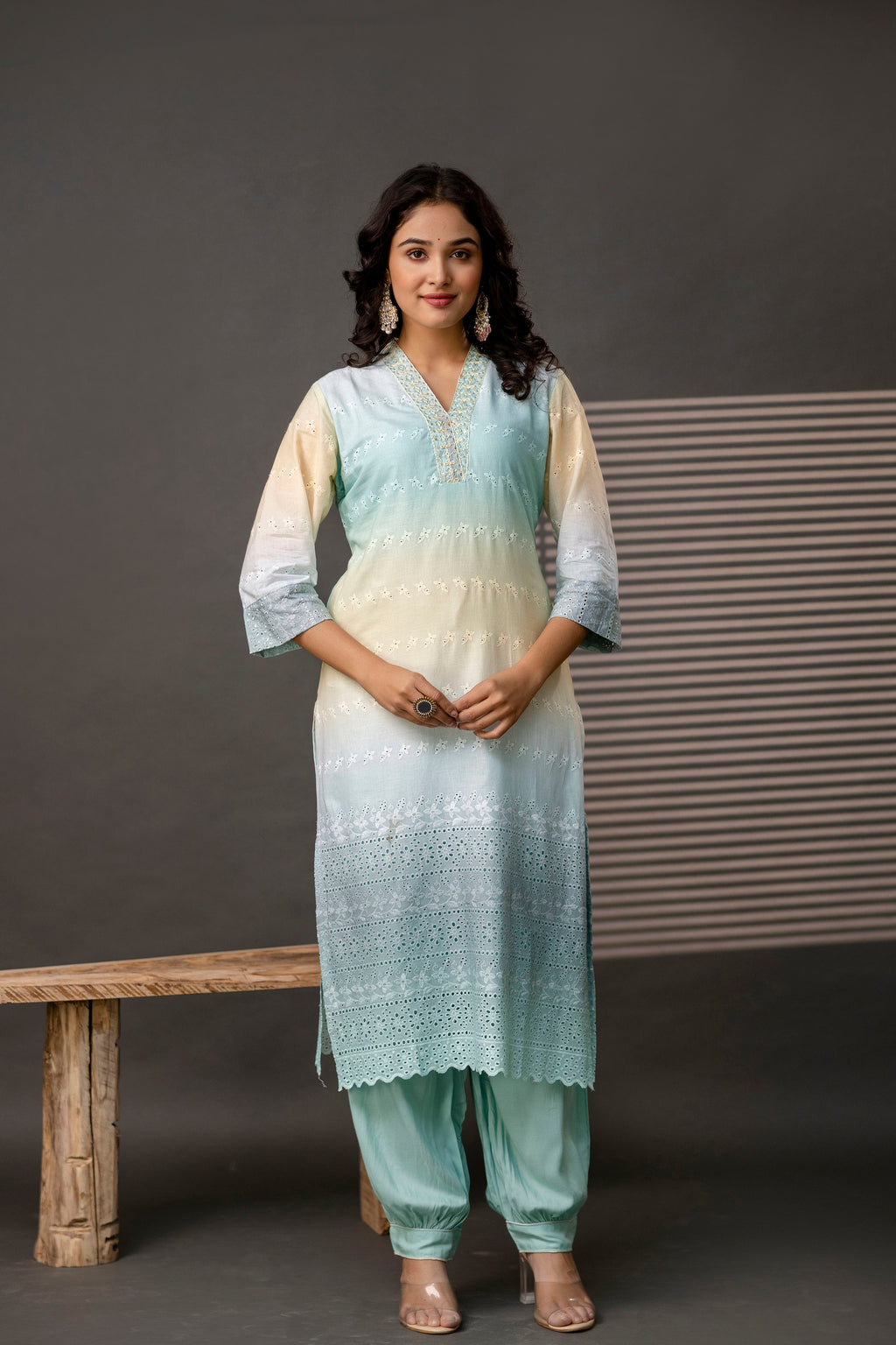 V-Neck Cutwork Kurti Set with Dupatta