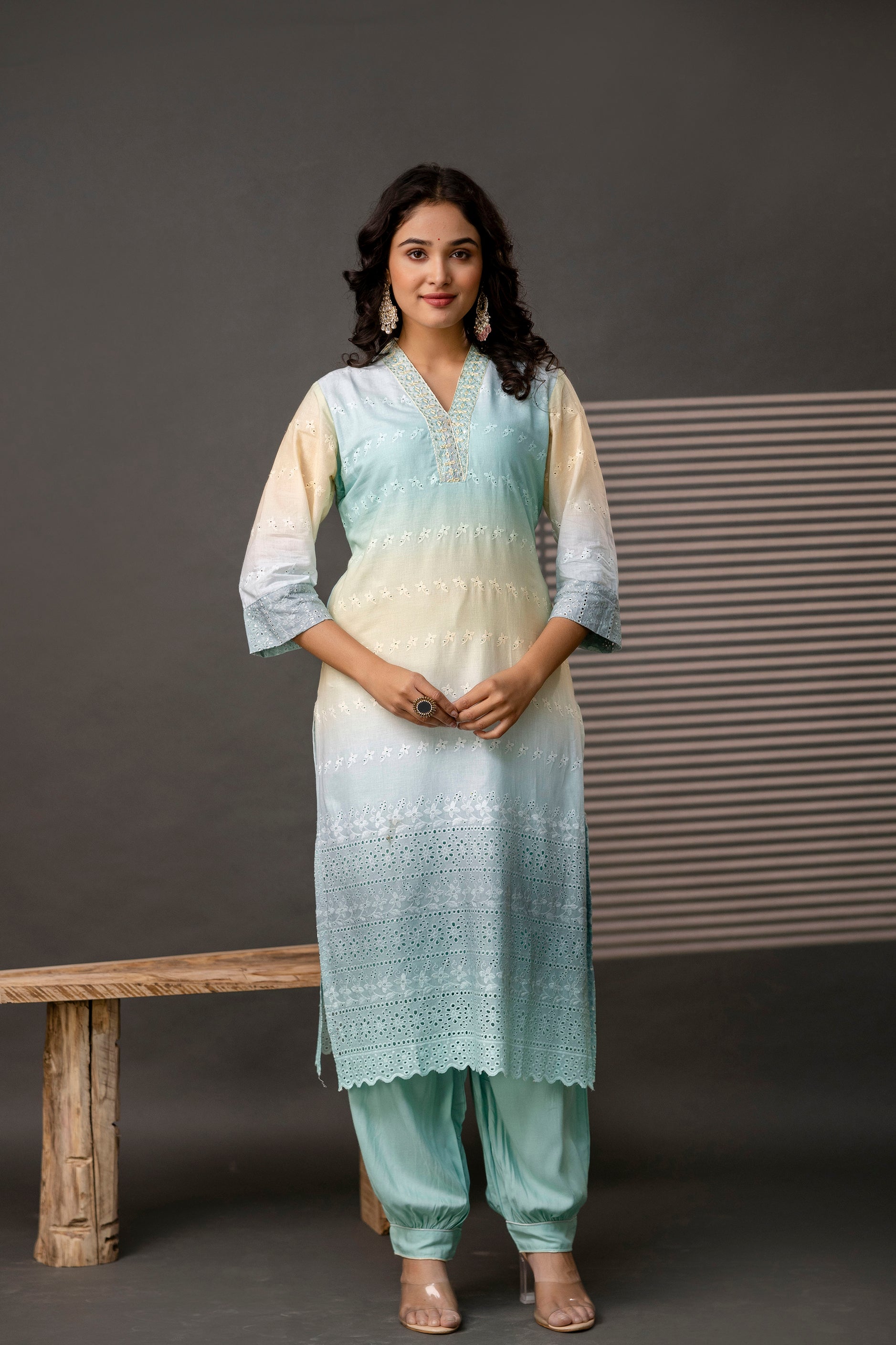V-Neck Cutwork Kurti Set with Dupatta