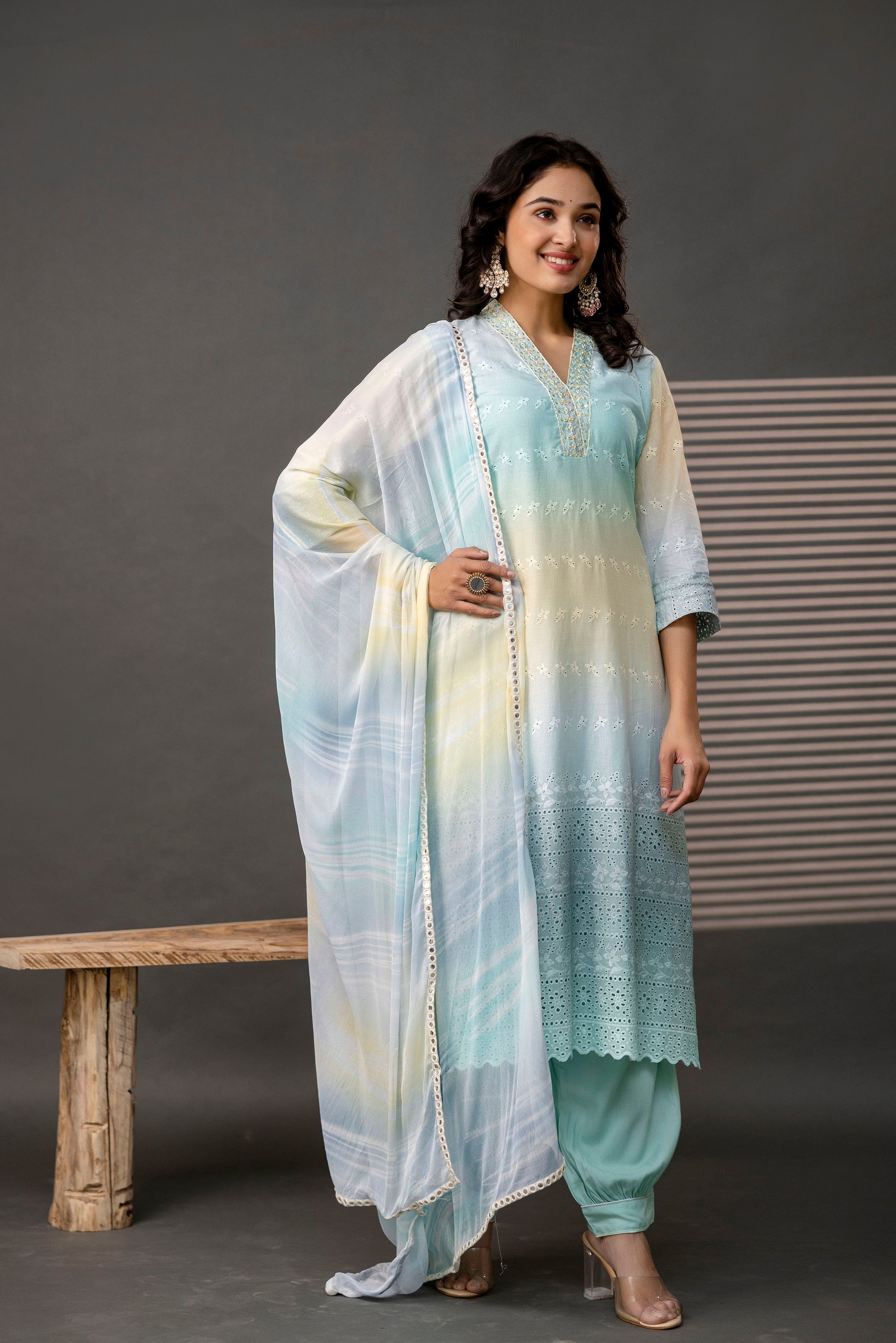 V-Neck Cutwork Kurti Set with Dupatta