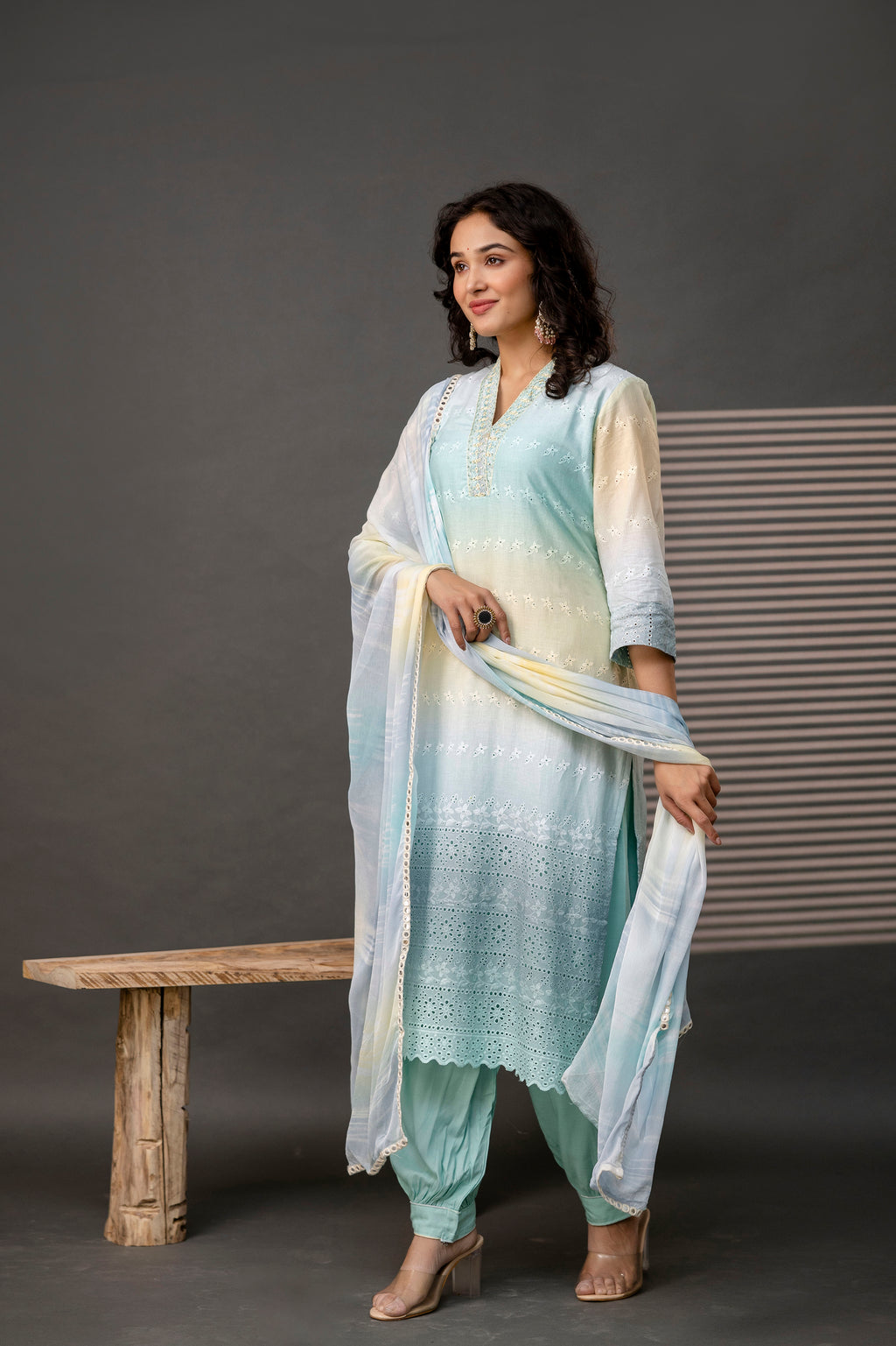 V-Neck Cutwork Kurti Set with Dupatta