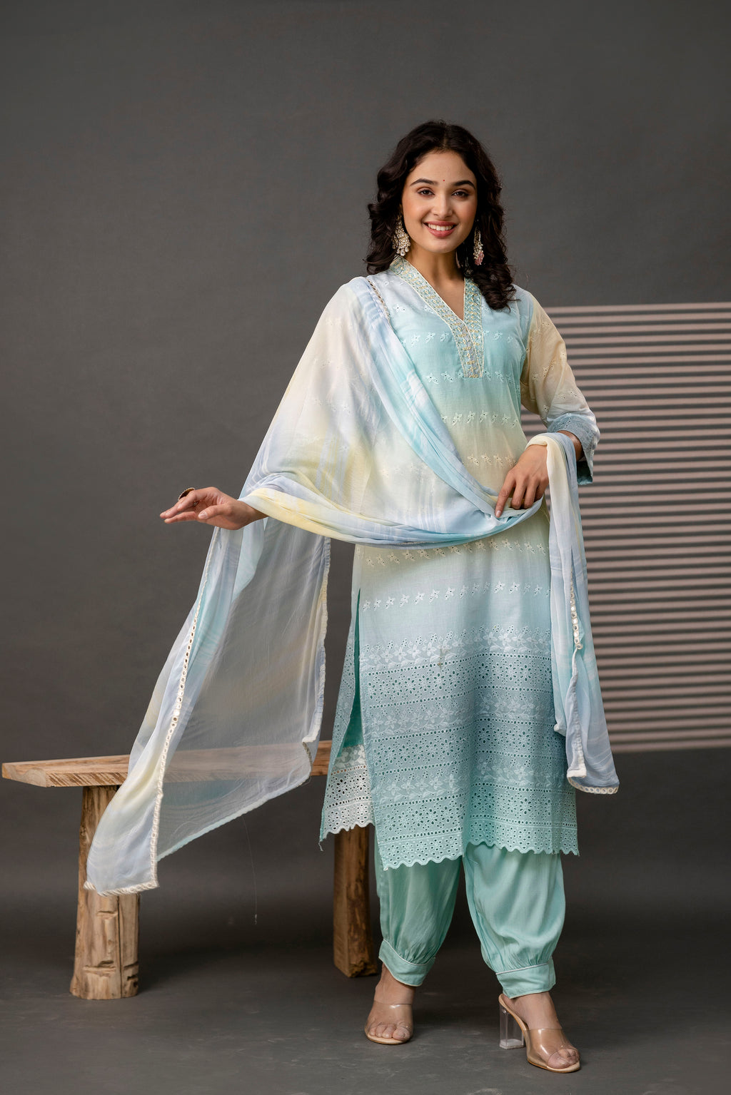 V-Neck Cutwork Kurti Set with Dupatta