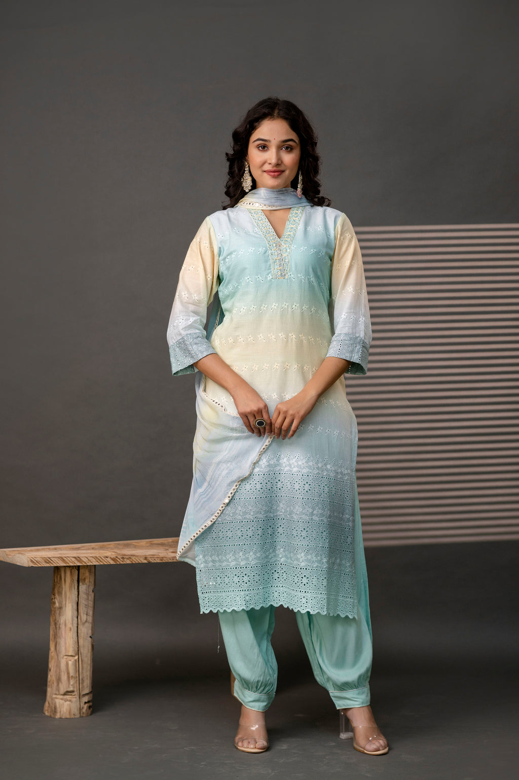 V-Neck Cutwork Kurti Set with Dupatta