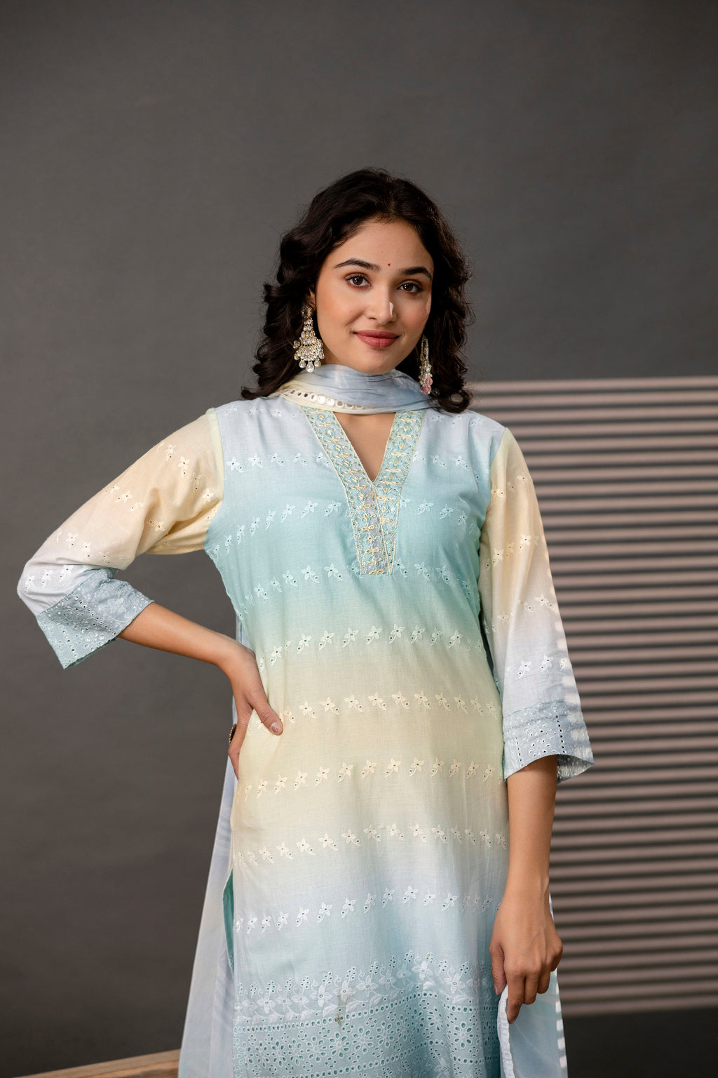 V-Neck Cutwork Kurti Set with Dupatta
