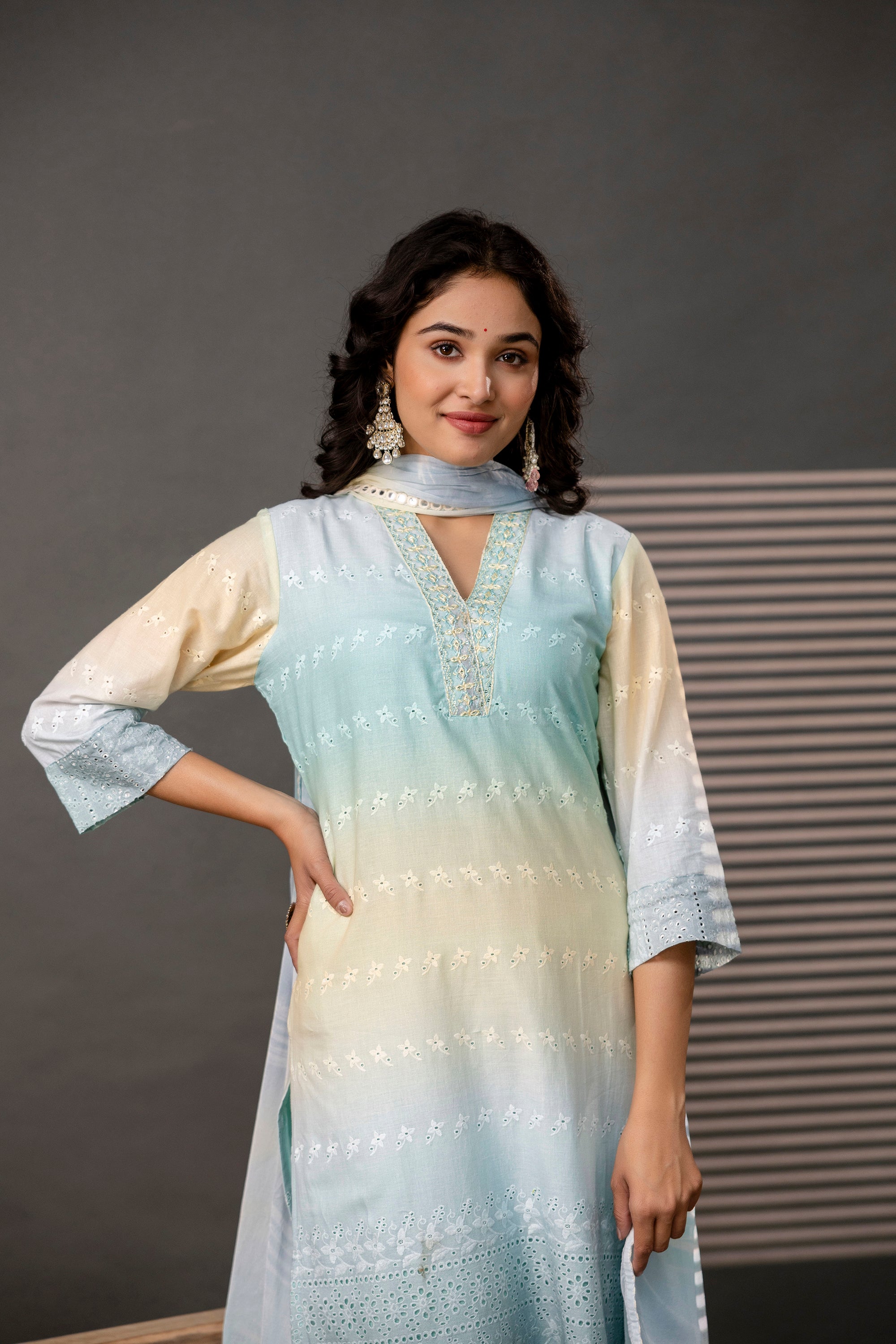 V-Neck Cutwork Kurti Set with Dupatta