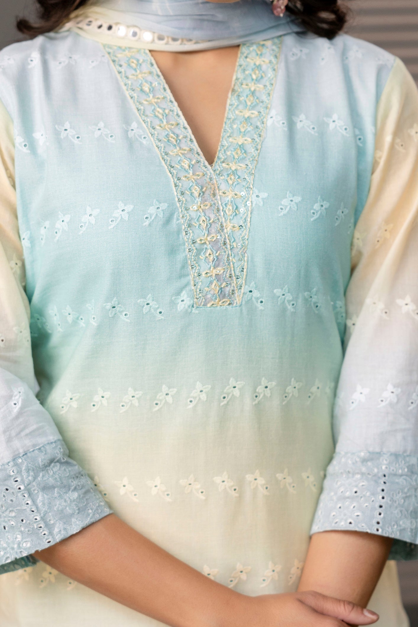 V-Neck Cutwork Kurti Set with Dupatta