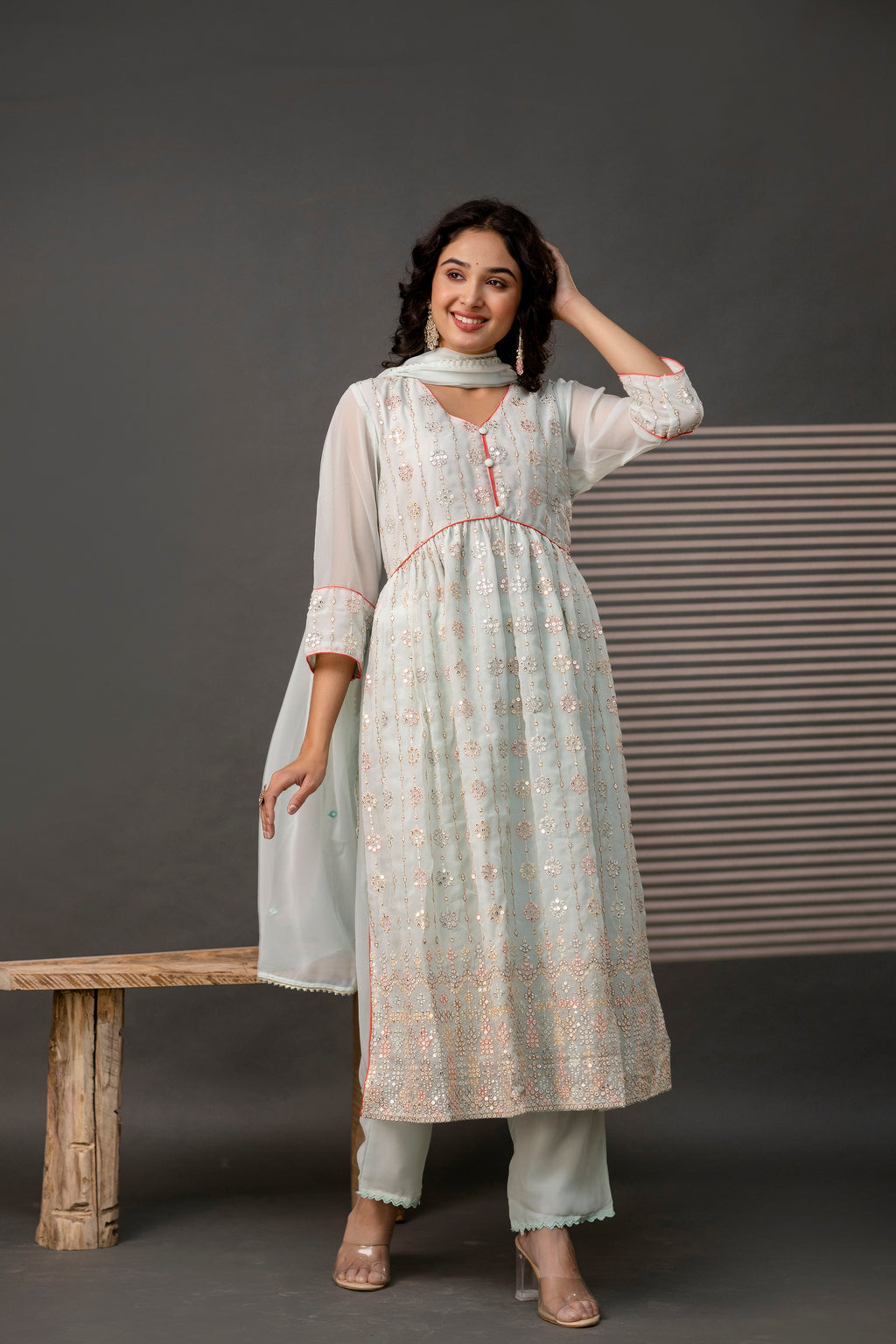 V-Neck Sequin Festive Frock Set