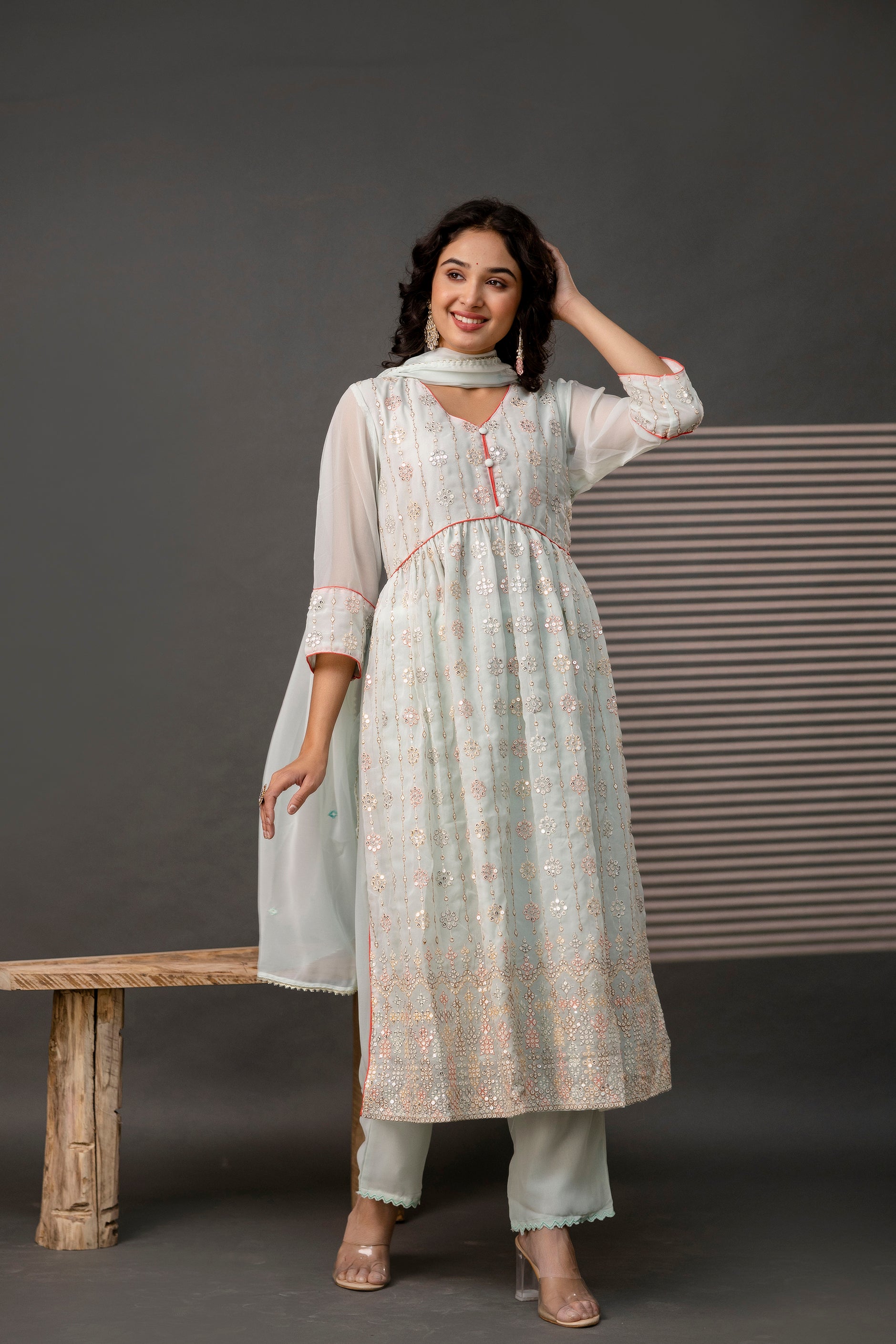 V-Neck Sequin Festive Frock Set