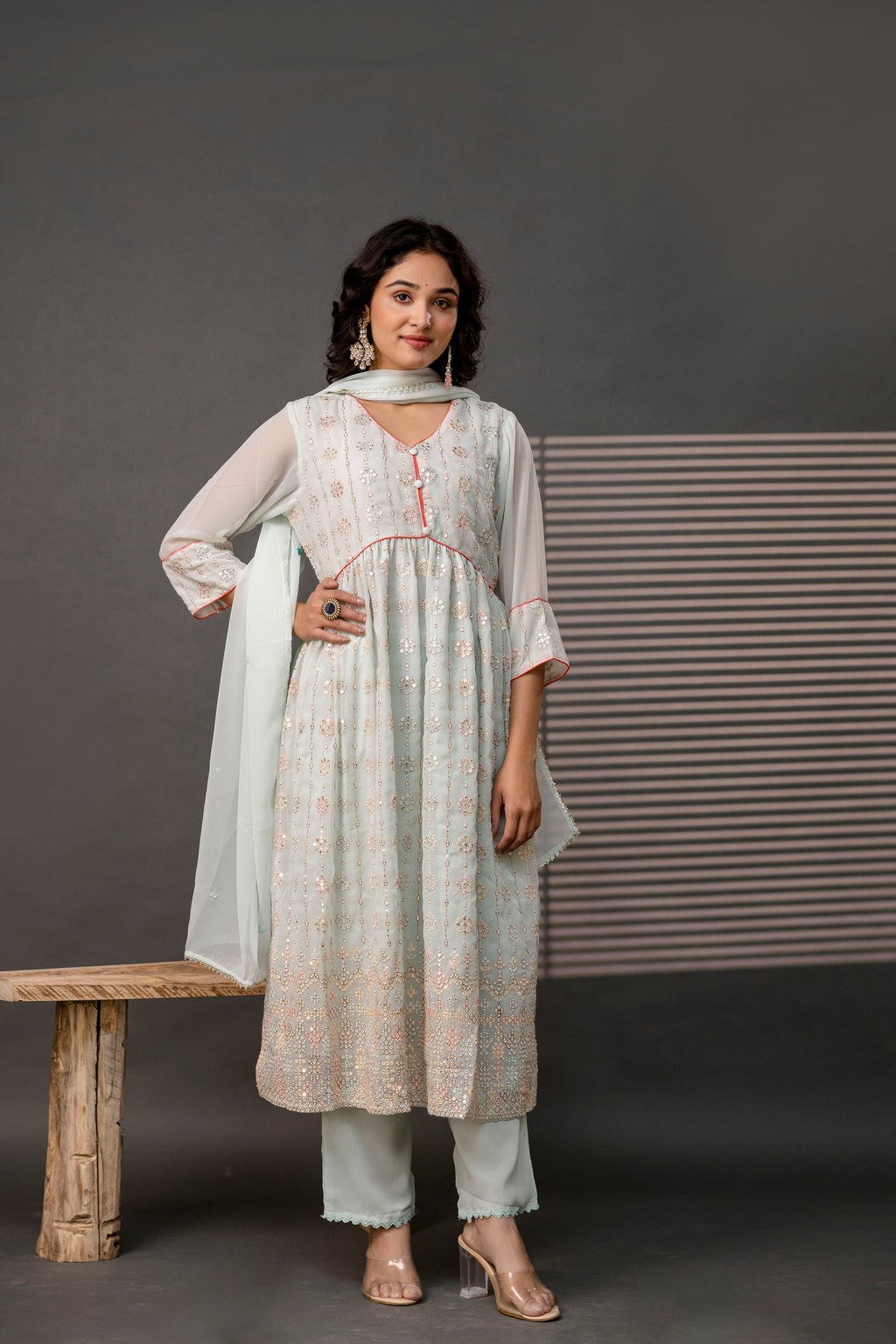 V-Neck Sequin Festive Frock Set