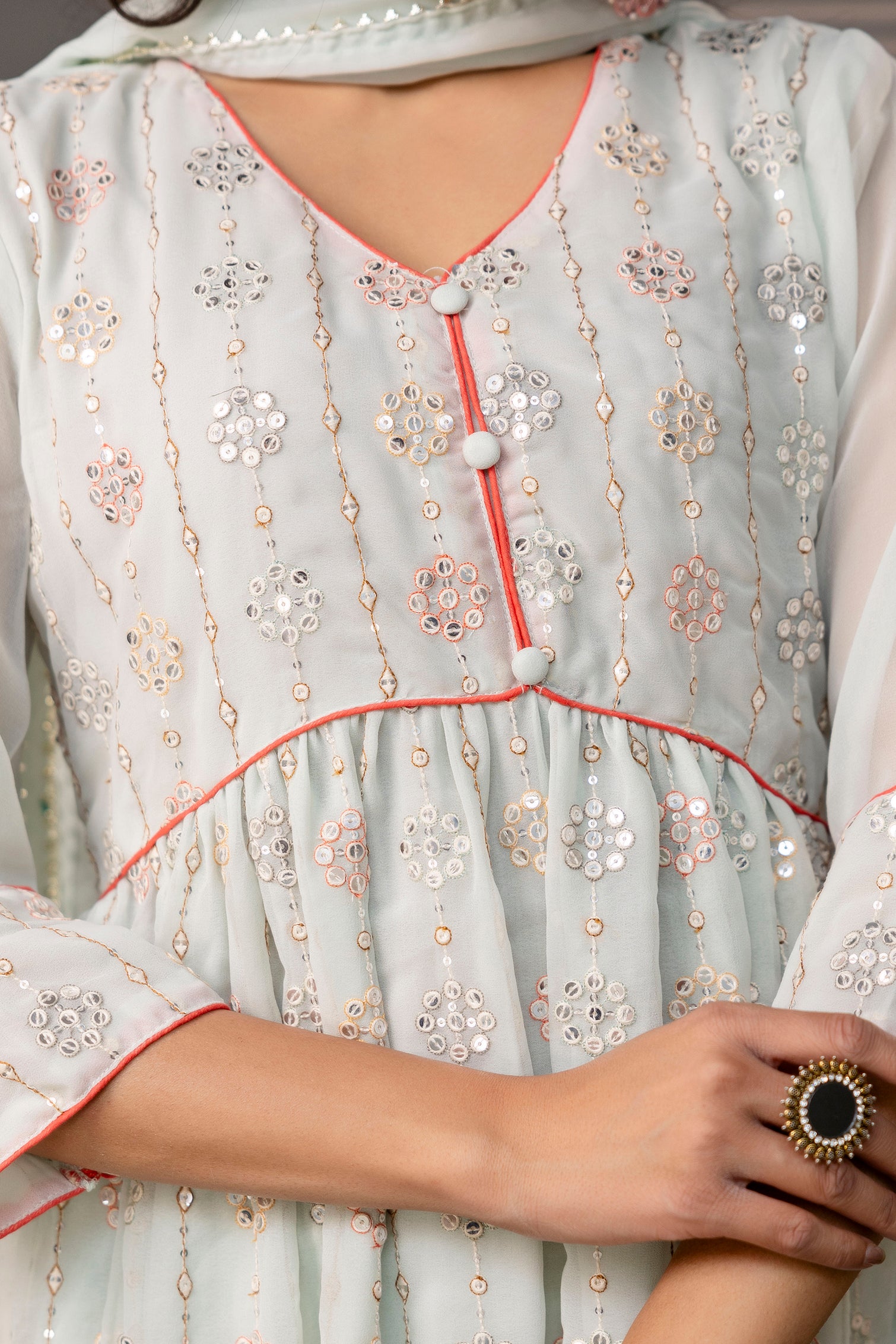 V-Neck Sequin Festive Frock Set