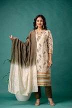 Printed Handworked V-Neck Kurti Set