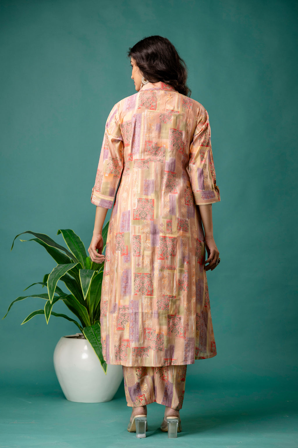 Printed Collar Tail-Cut Kurti Set