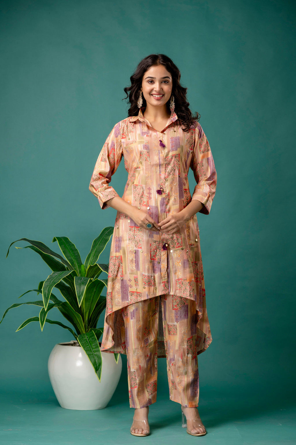 Printed Collar Tail-Cut Kurti Set