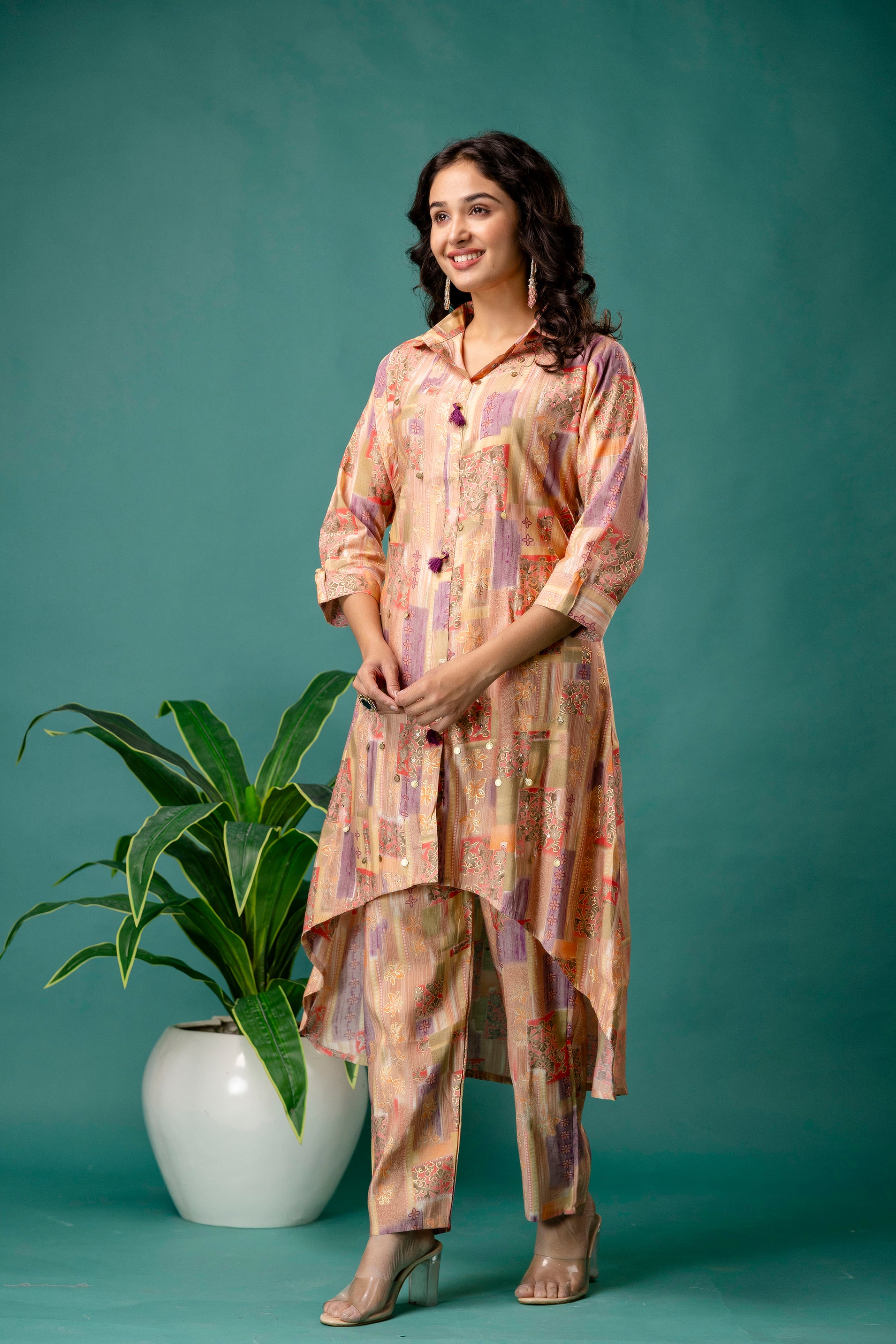 Printed Collar Tail-Cut Kurti Set