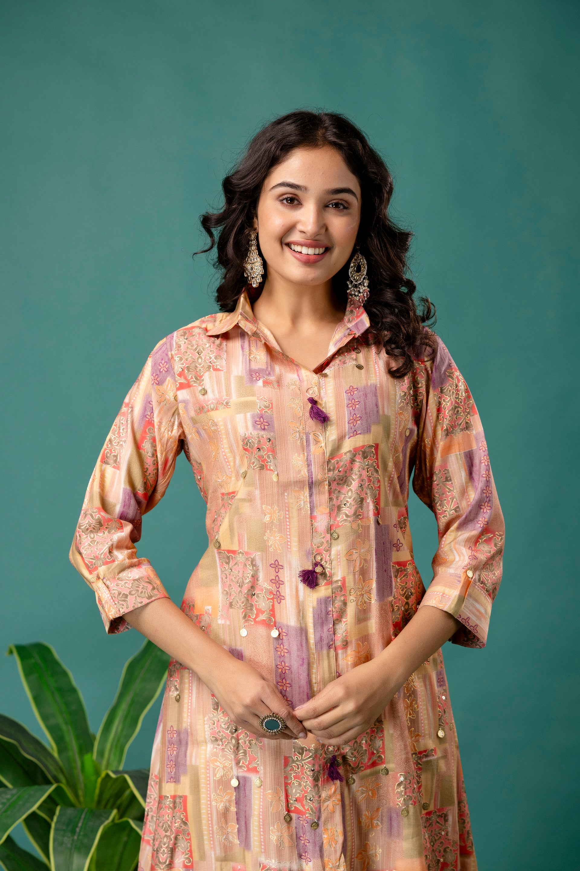 Printed Collar Tail-Cut Kurti Set