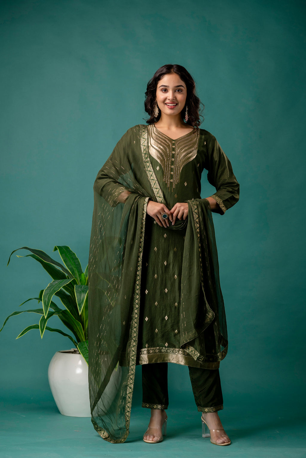 Banarasi Handworked V-Neck Kurti Set