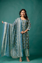 Printed V-Neck Dori Work Kurti Set