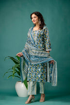 Printed V-Neck Dori Work Kurti Set
