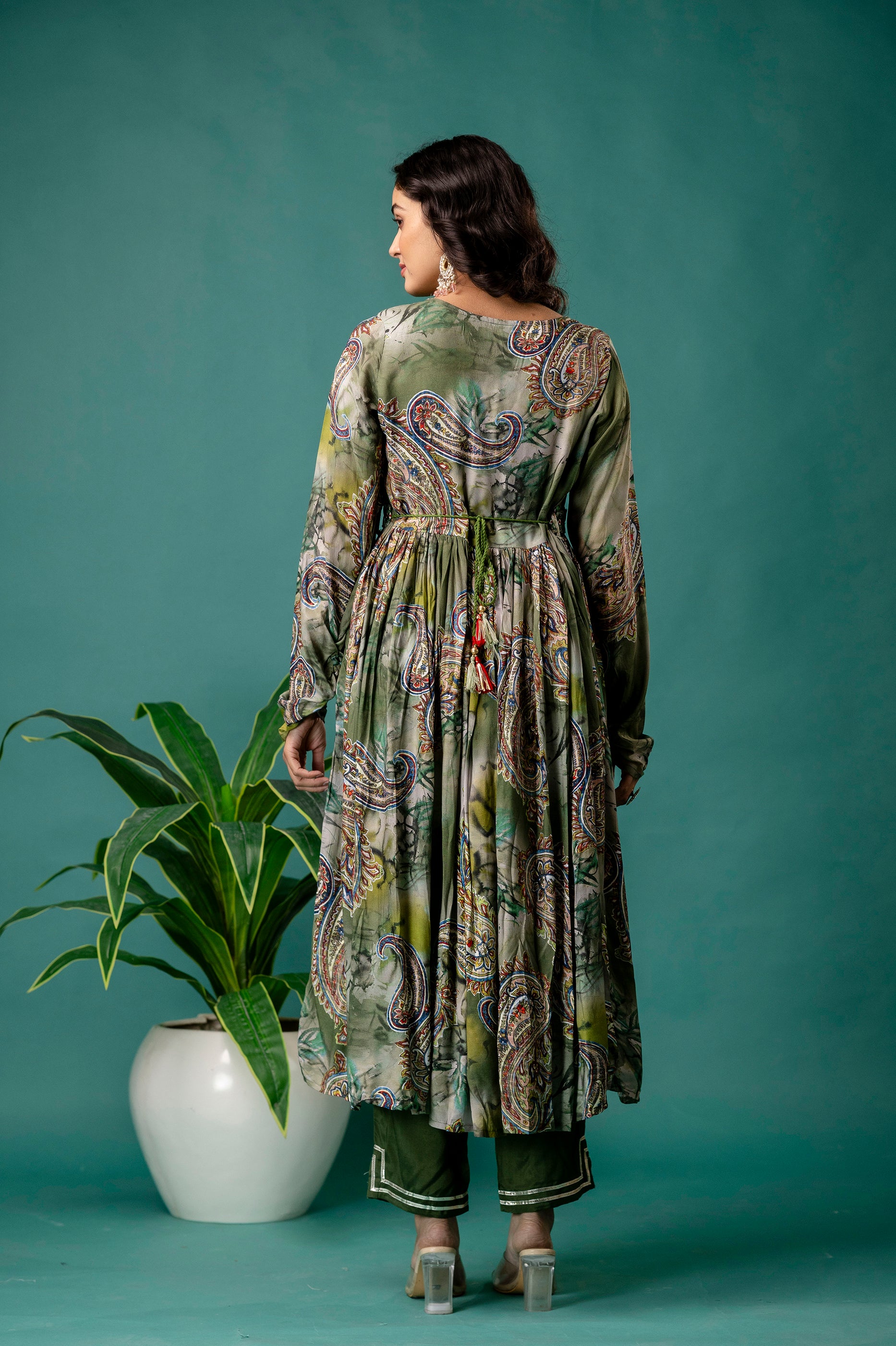 Printed V-Neck Mirror Work Kurti Set