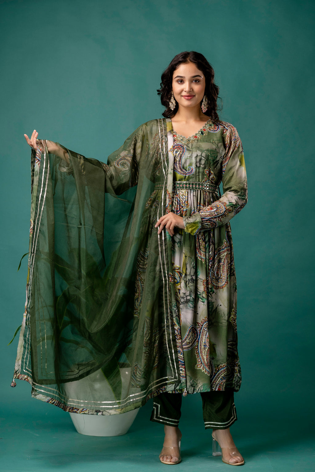 Printed V-Neck Mirror Work Kurti Set