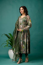 Printed V-Neck Mirror Work Kurti Set