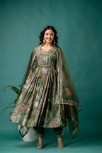 Printed V-Neck Mirror Work Kurti Set