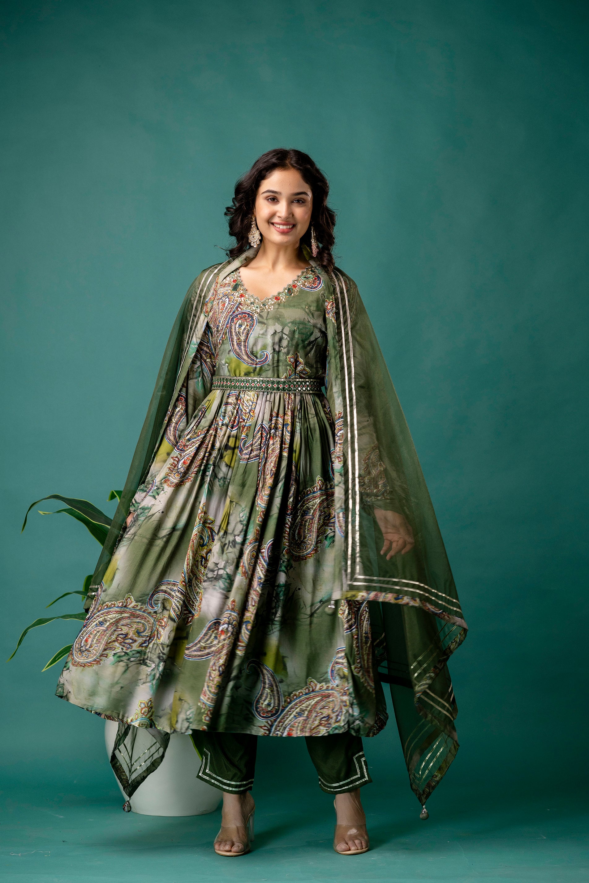 Printed V-Neck Mirror Work Kurti Set