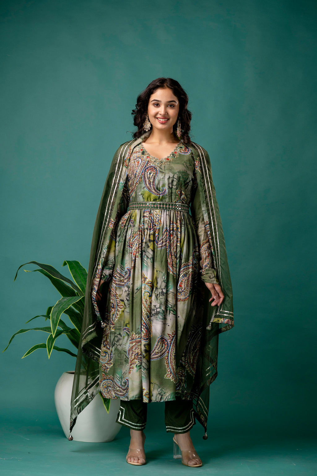 Printed V-Neck Mirror Work Kurti Set