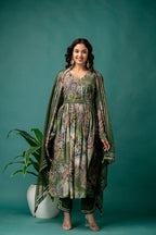 Printed V-Neck Mirror Work Kurti Set